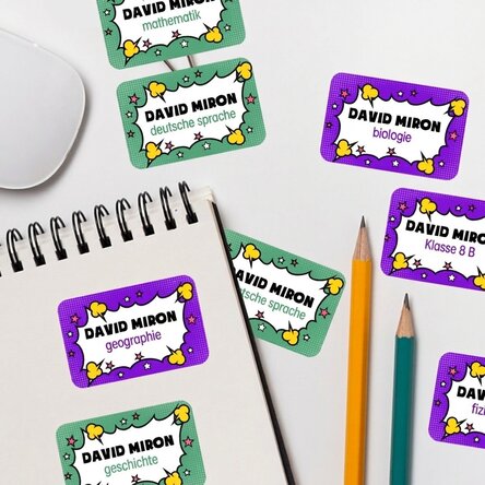 Set mit 8 personalisierten Aufklebern (selbstklebende Etiketten) für die Schule – Comics