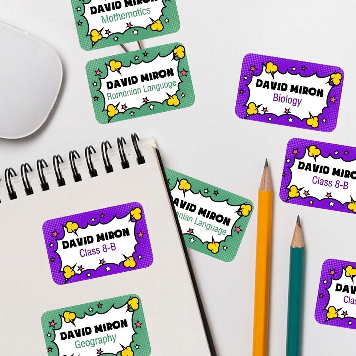 Set mit 8 personalisierten Aufklebern (selbstklebende Etiketten) für die Schule – Comics