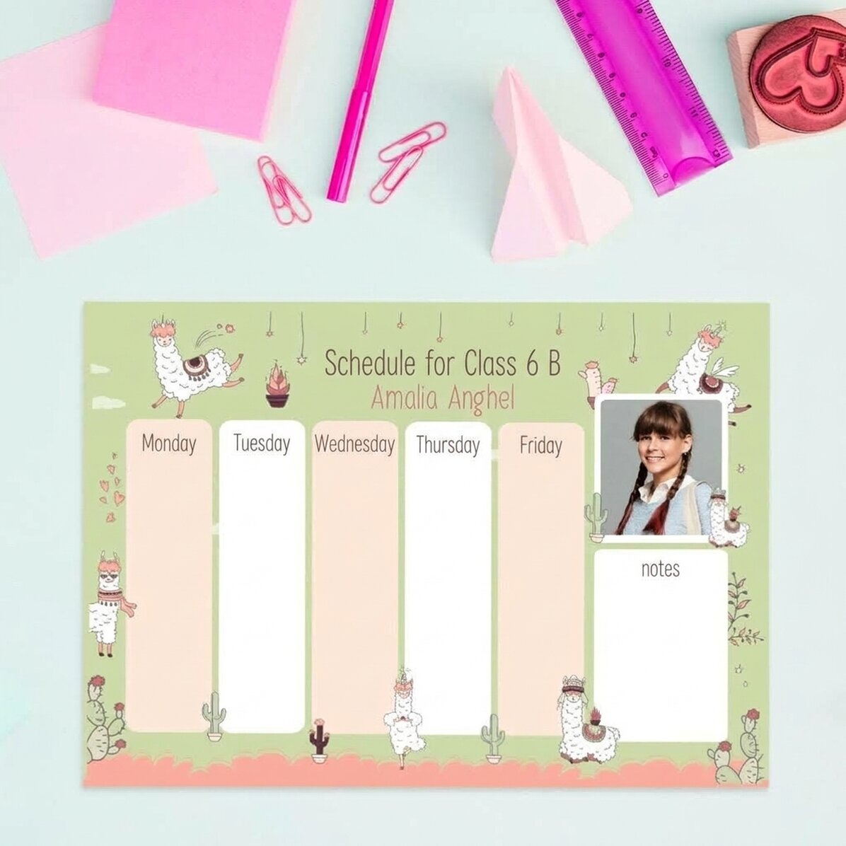 Individuell gestalteter Stundenplan mit Text und Foto – Llama