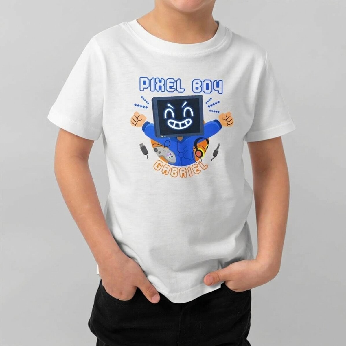 Personalisiertes Baumwoll-T-Shirt für Kinder mit Aufdruck – Pixel Boy
