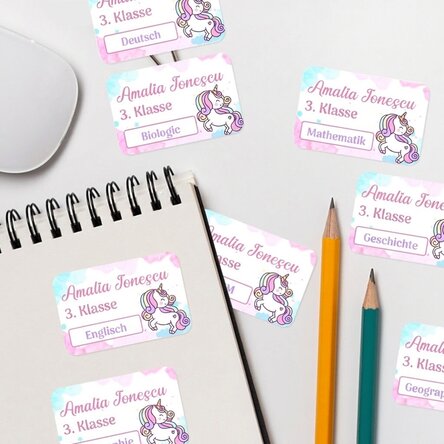 Set mit 8 personalisierten Aufklebern (selbstklebende Etiketten) für die Schule – Einhorn