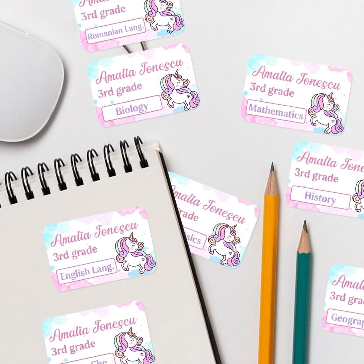 Set mit 8 personalisierten Aufklebern (selbstklebende Etiketten) für die Schule – Einhorn