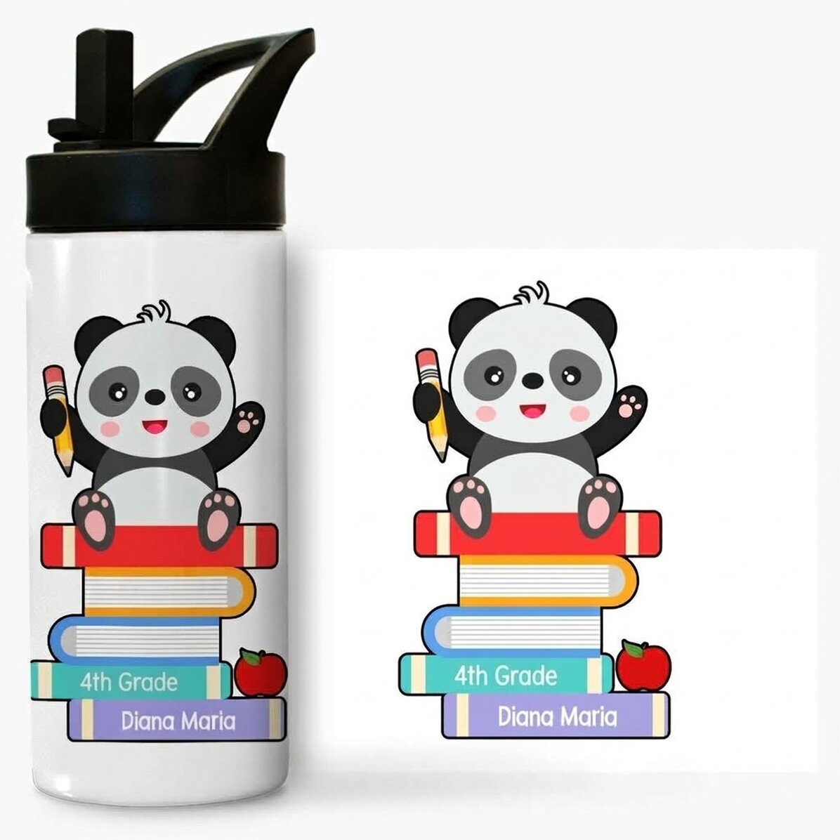 Thermosflasche mit Griff und personalisiertem Strohhalm mit Botschaft – Cute Panda