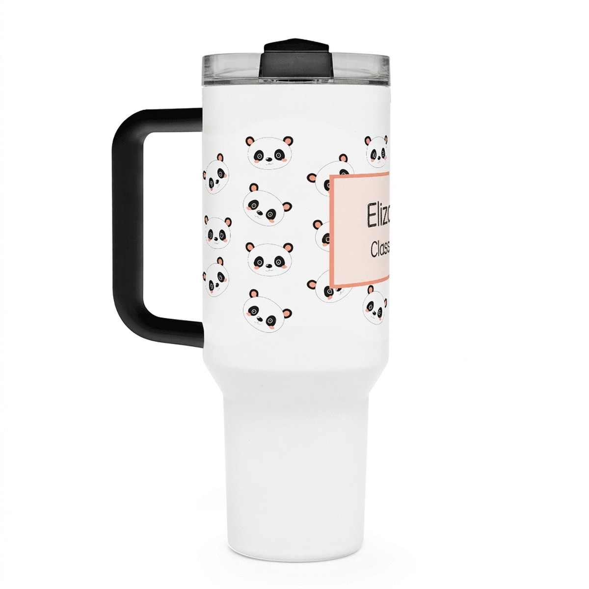 Thermosbecher mit Griff und Strohhalm, individuell mit Text bedruckt – Cute Panda
