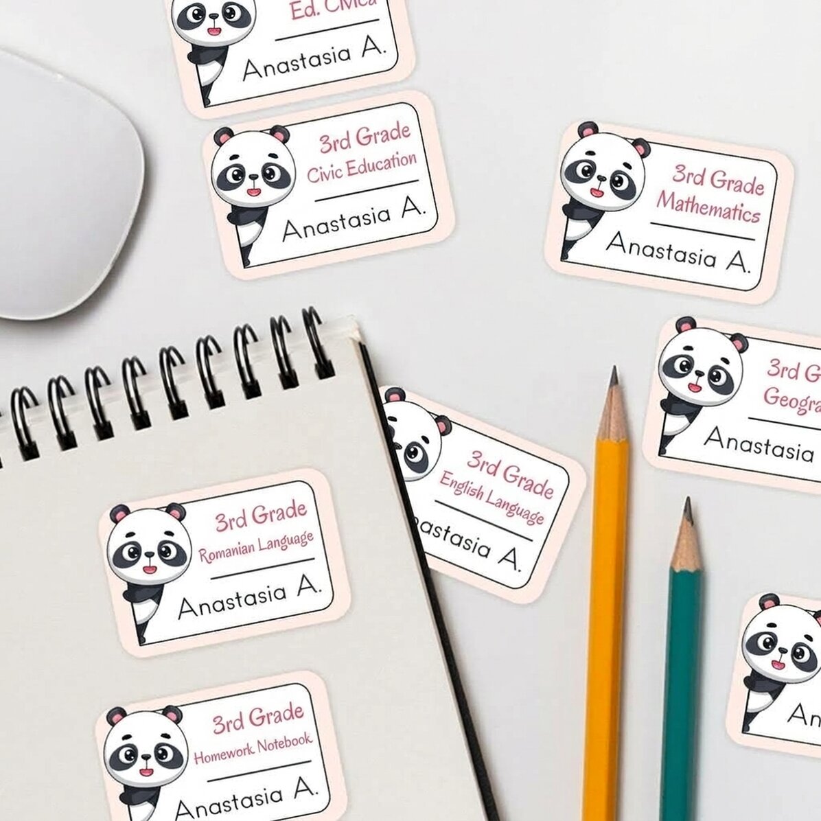 Set mit 8 personalisierten Aufklebern (selbstklebende Etiketten) für die Schule – Panda