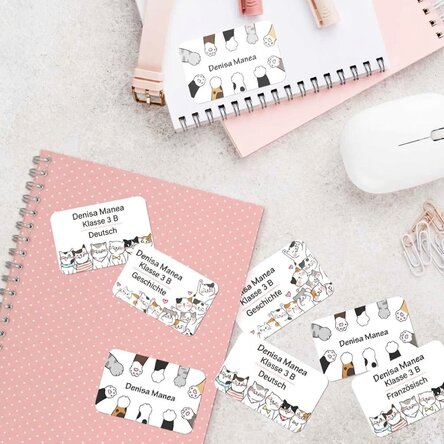 Set mit 8 personalisierten Aufklebern (selbstklebende Etiketten) für die Schule – Kitty