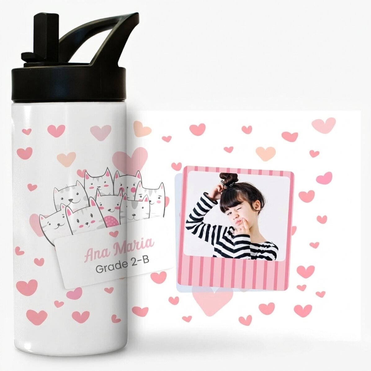 Thermosflasche mit Griff und Strohhalm, individuell mit Namen und Foto gestaltet – Kitty