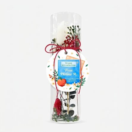 Glasornament mit konservierten Blumen, individuell gestaltet mit einer Botschaft für Lehrerinnen