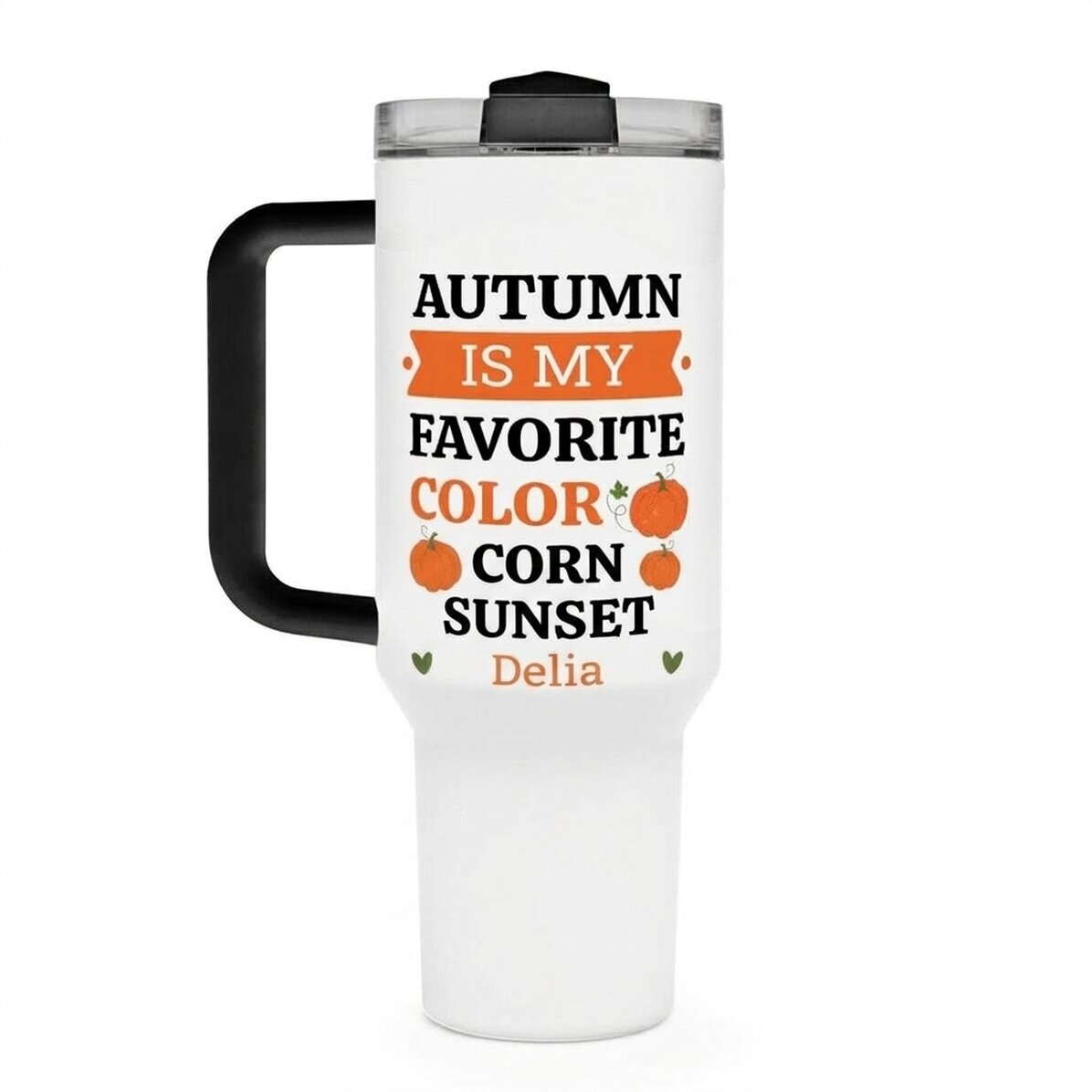 Thermosbecher mit Griff und Strohhalm, individuell mit Text bedruckt – Herbst