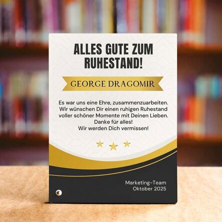 Personalisierter Fotorahmen für den Schreibtisch mit Text – Ruhestand