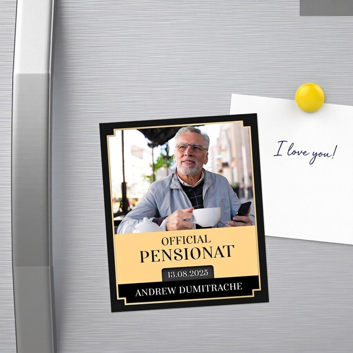 Individuell gestalteter Magnet (10 x 12 cm) mit Foto und Botschaft – Ruhestand