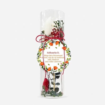 Glasornament mit konservierten Blumen, individuell mit einer Botschaft gestaltet – Ruhestand