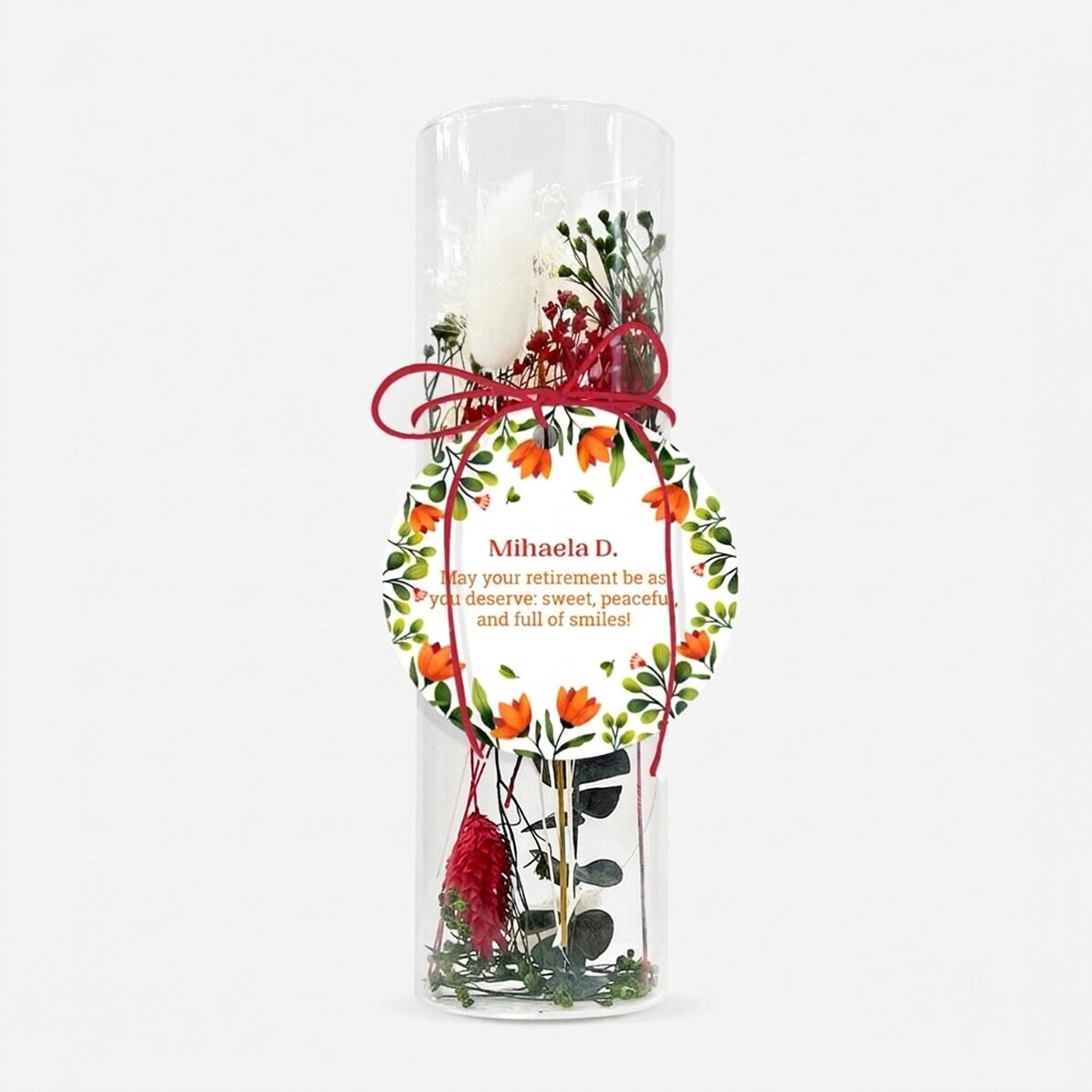 Glasornament mit konservierten Blumen, individuell mit einer Botschaft gestaltet – Ruhestand