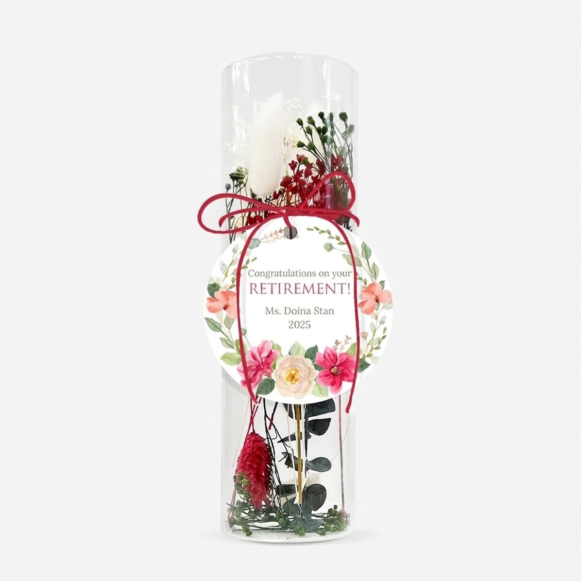 Glasornament mit konservierten Blumen, individuell mit Text gestaltet – Ruhestand