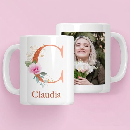 Personalisierter Becher mit Initiale, Namen und Foto