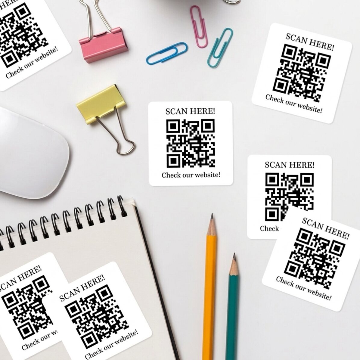 Set mit 12 individuell gestalteten Aufklebern (selbstklebende Etiketten) mit Text und QR-Code – Chec
