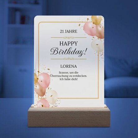 Individuell gestaltete LED-Nachtlampe mit Botschaft und QR-Code – Geburtstag