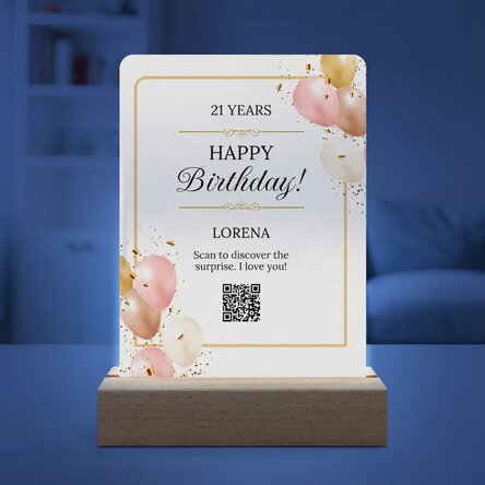 Individuell gestaltete LED-Nachtlampe mit Botschaft und QR-Code – Geburtstag