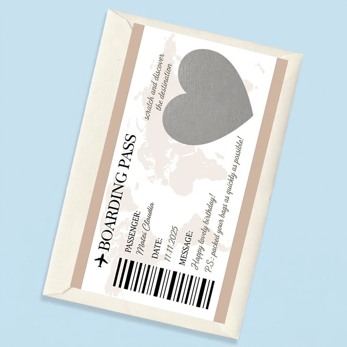 Individuell gestaltete Rubbelkarte mit Text – Bordkarte