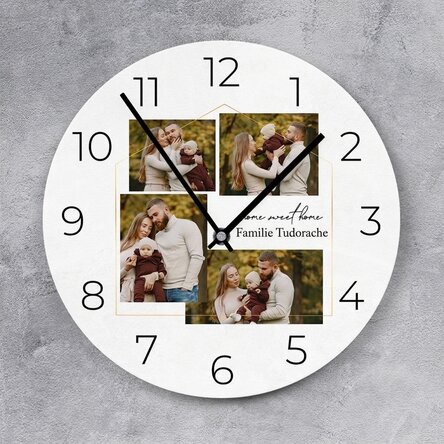 Personalisierte Uhr mit 4 Fotos und Text – Home sweet home