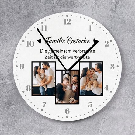 Personalisierte Uhr mit 3 Fotos und Text – Familie