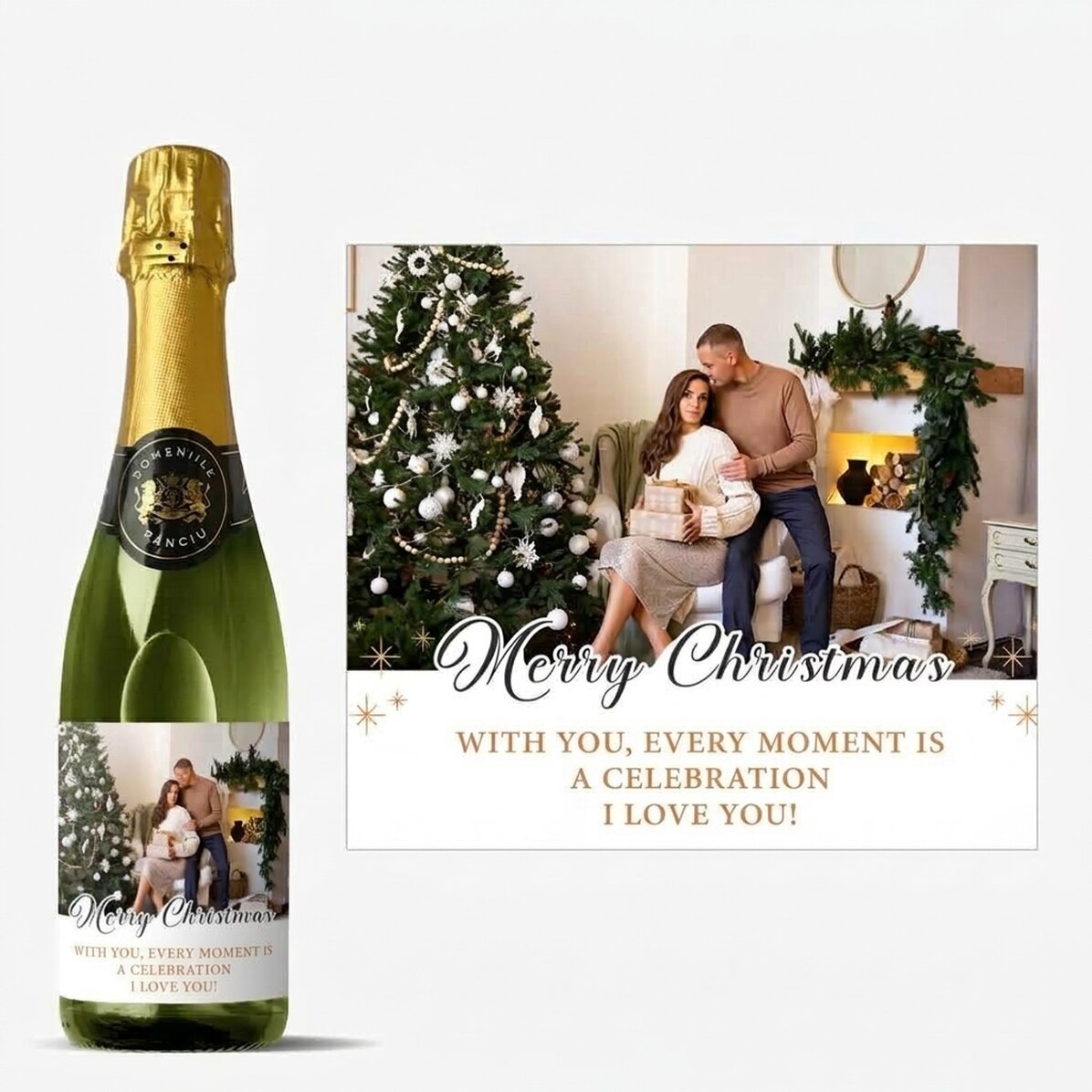 Mittlere Sektflasche, individuell gestaltet mit Text und einem Foto – Merry Christmas