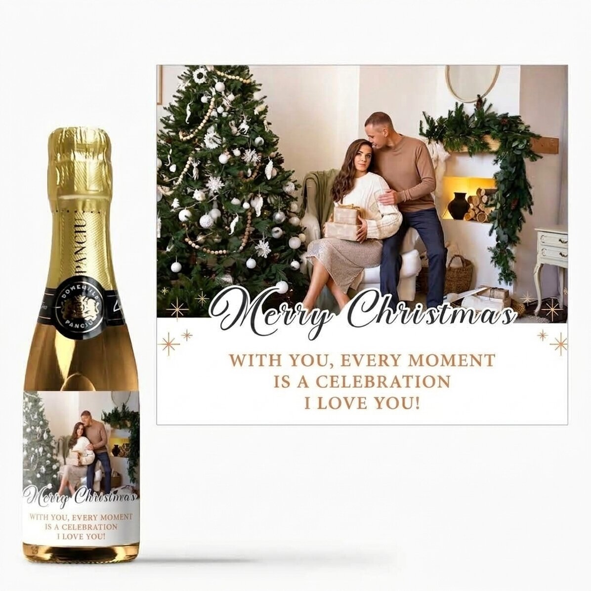 Kleine Sektflasche, individuell gestaltet mit Text und einem Foto – Merry Christmas