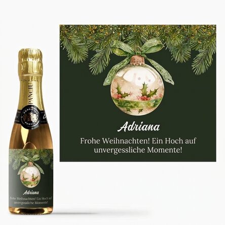 Kleine, mit einem Text personalisierte Sektflasche – Weihnachtskugel