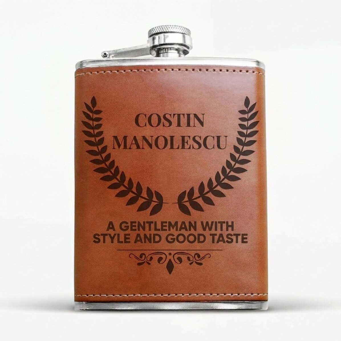 Personalisierte, mit Leder überzogene Taschenflasche – Gentleman