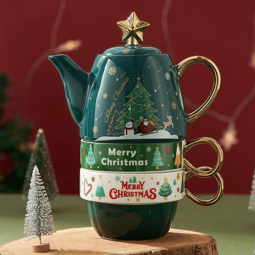 Weihnachts-Geschenkset mit 2 Tassen und einer Teekanne