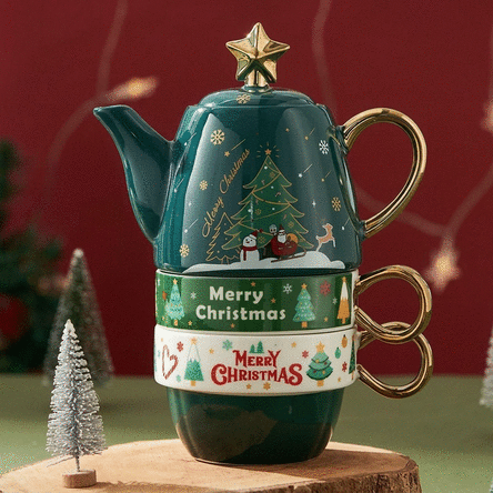 Weihnachts-Geschenkset mit 2 Tassen und einer Teekanne