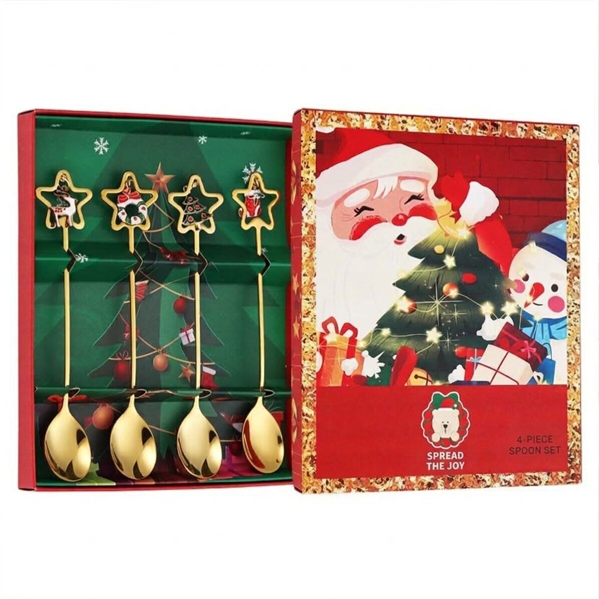 Geschenkset mit 4 goldenen Weihnachtslöffeln