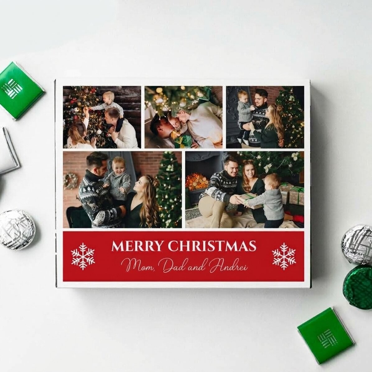 Personalisierte Pralinenschachtel mit 5 Fotos und Text – Frohe Weihnachten!