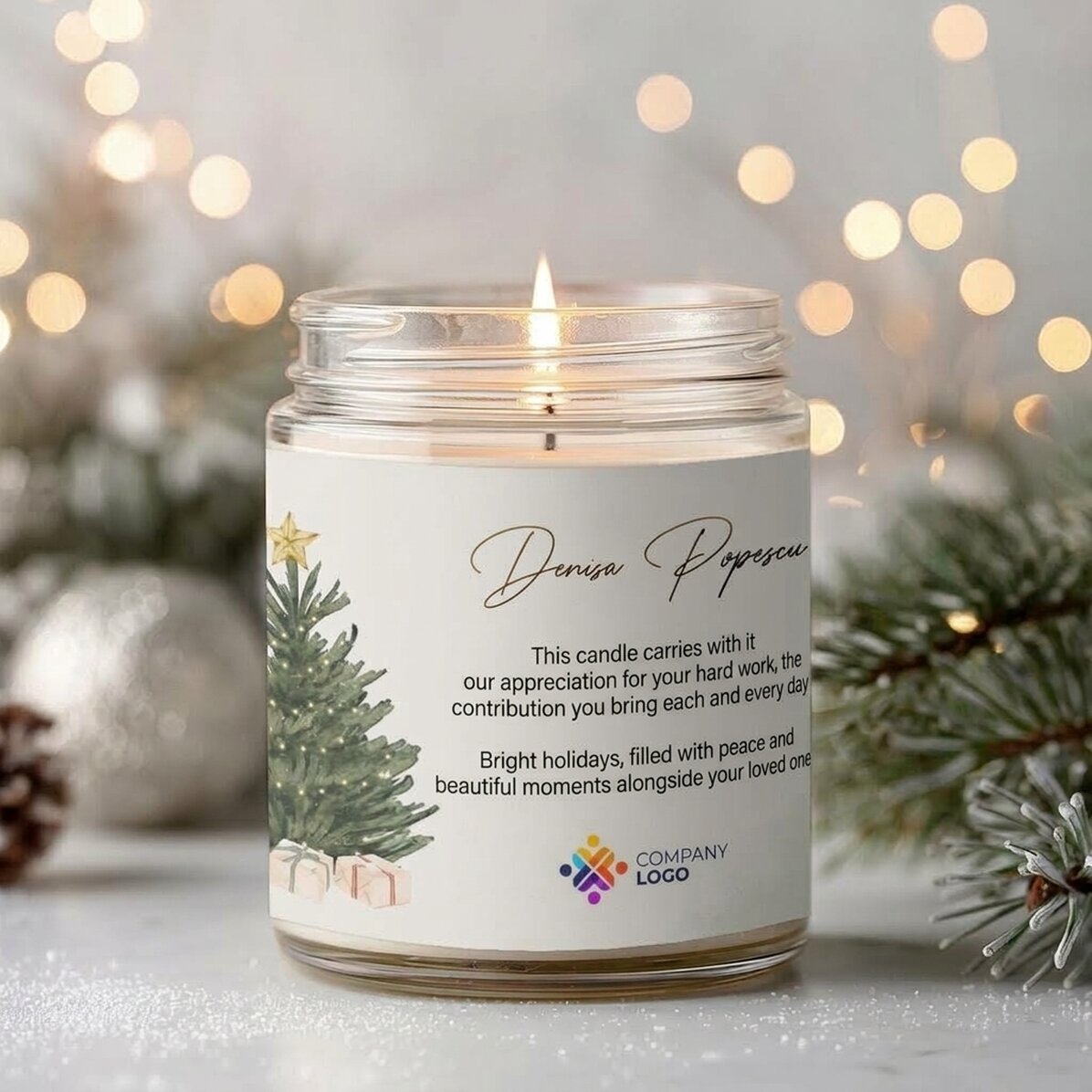 Große, personalisierte Duftkerze mit Logo und Botschaft – Weihnachten