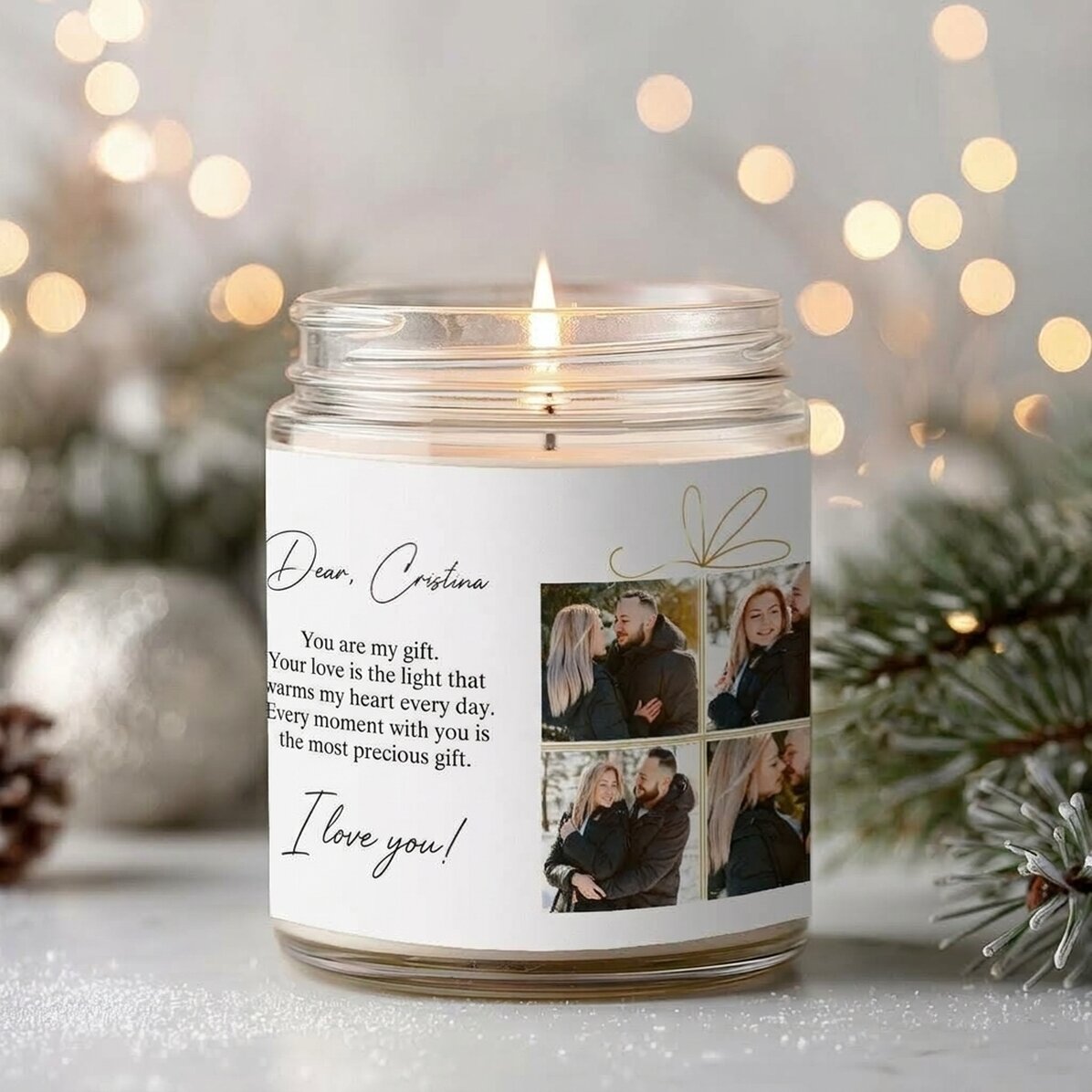 Große, personalisierte Duftkerze mit 4 Fotos und Text – Weihnachtsgeschenk