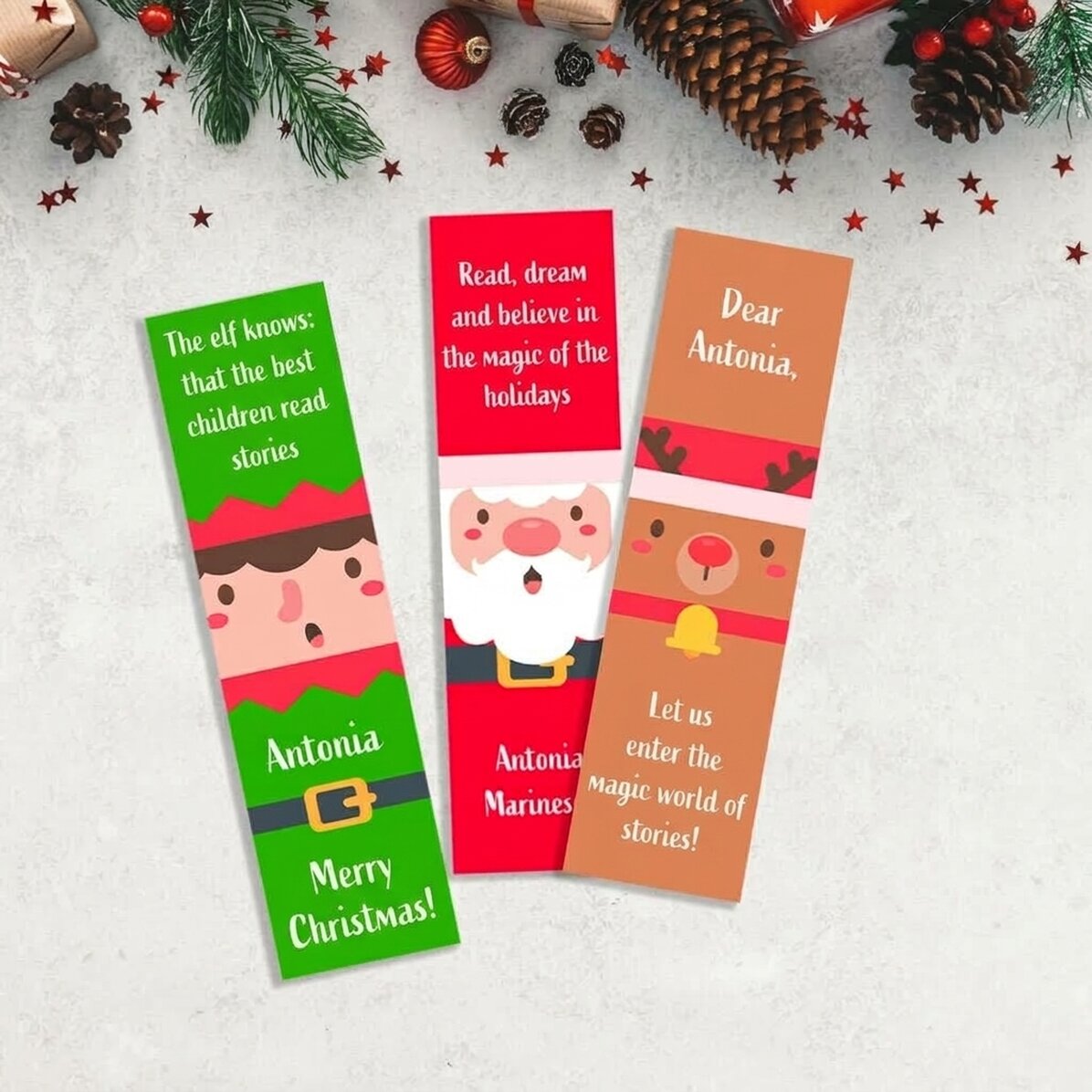 Set mit 3 personalisierten Lesezeichen mit Text – Weihnachtsfiguren