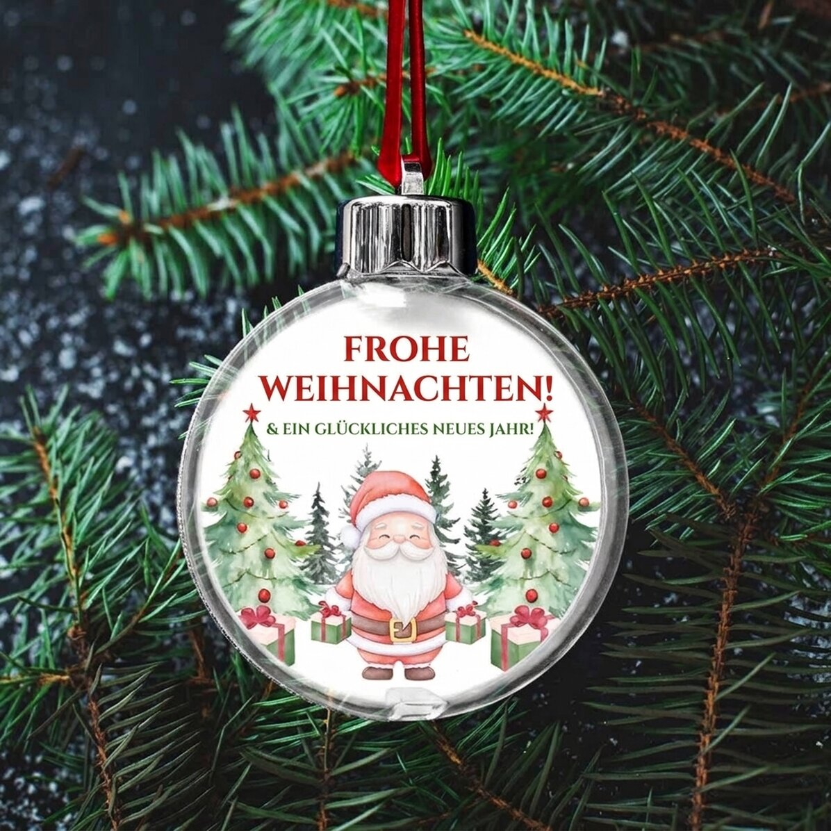 Individuell gestaltete, beidseitig bedruckte, transparente Kugel mit einem Foto und Text – Weihnacht