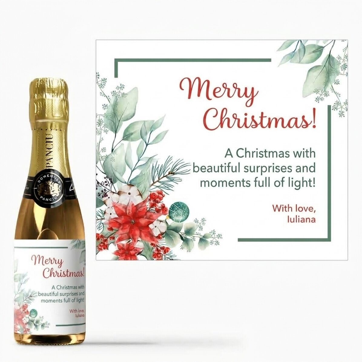 Kleine, mit einem Text personalisierte Sektflasche – Weihnachten