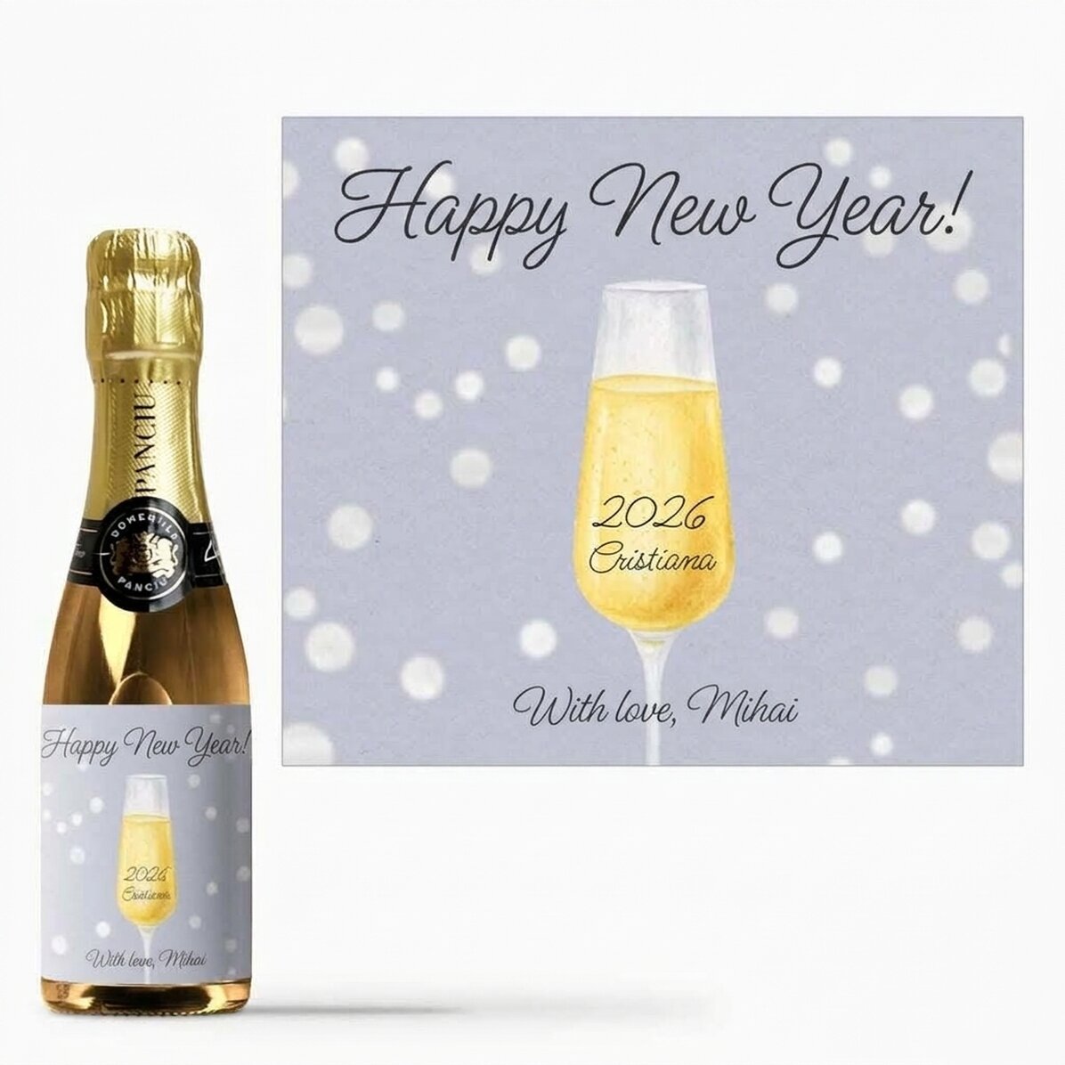 Kleine Sektflasche mit individueller Beschriftung – Champagnerglas