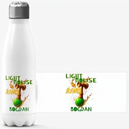 Thermoskanne mit weißem Boden, individuell mit Text bedruckt – Lighthouse King
