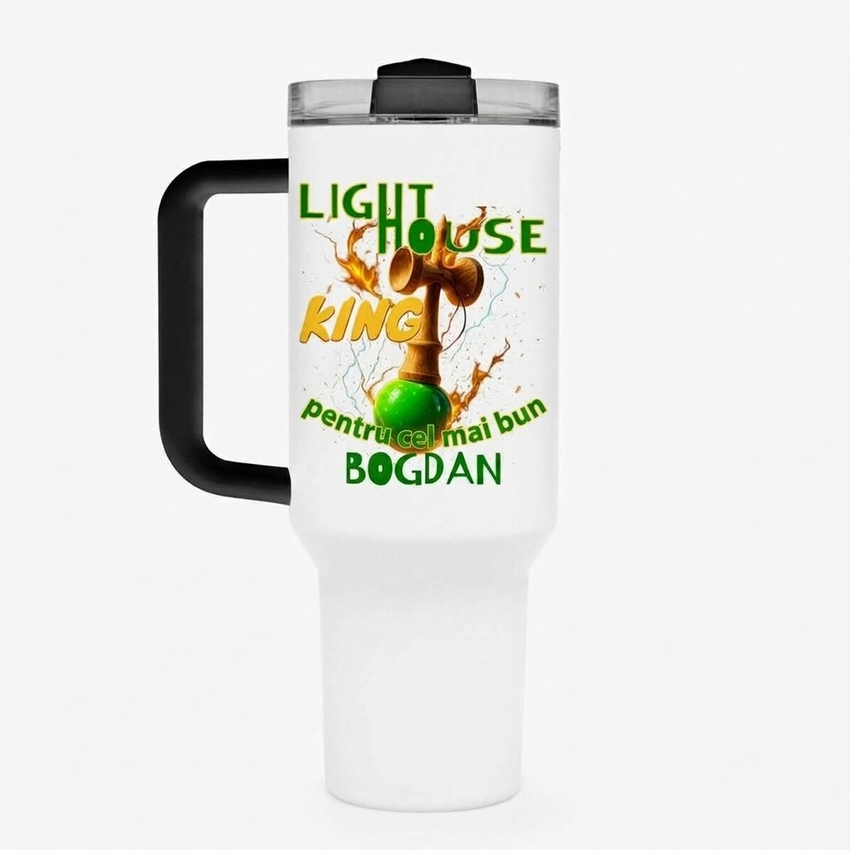 Thermosbecher mit Griff und Strohhalm, individuell mit Namen bedruckt – Lighthouse King