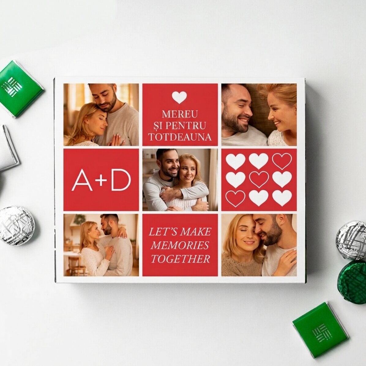Personalisierte Pralinenschachtel mit 5 Fotos und einer Botschaft – Love