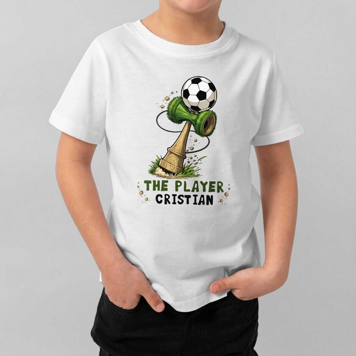 Personalisiertes Baumwoll-T-Shirt für Kinder mit Aufdruck – Kendama Fußball