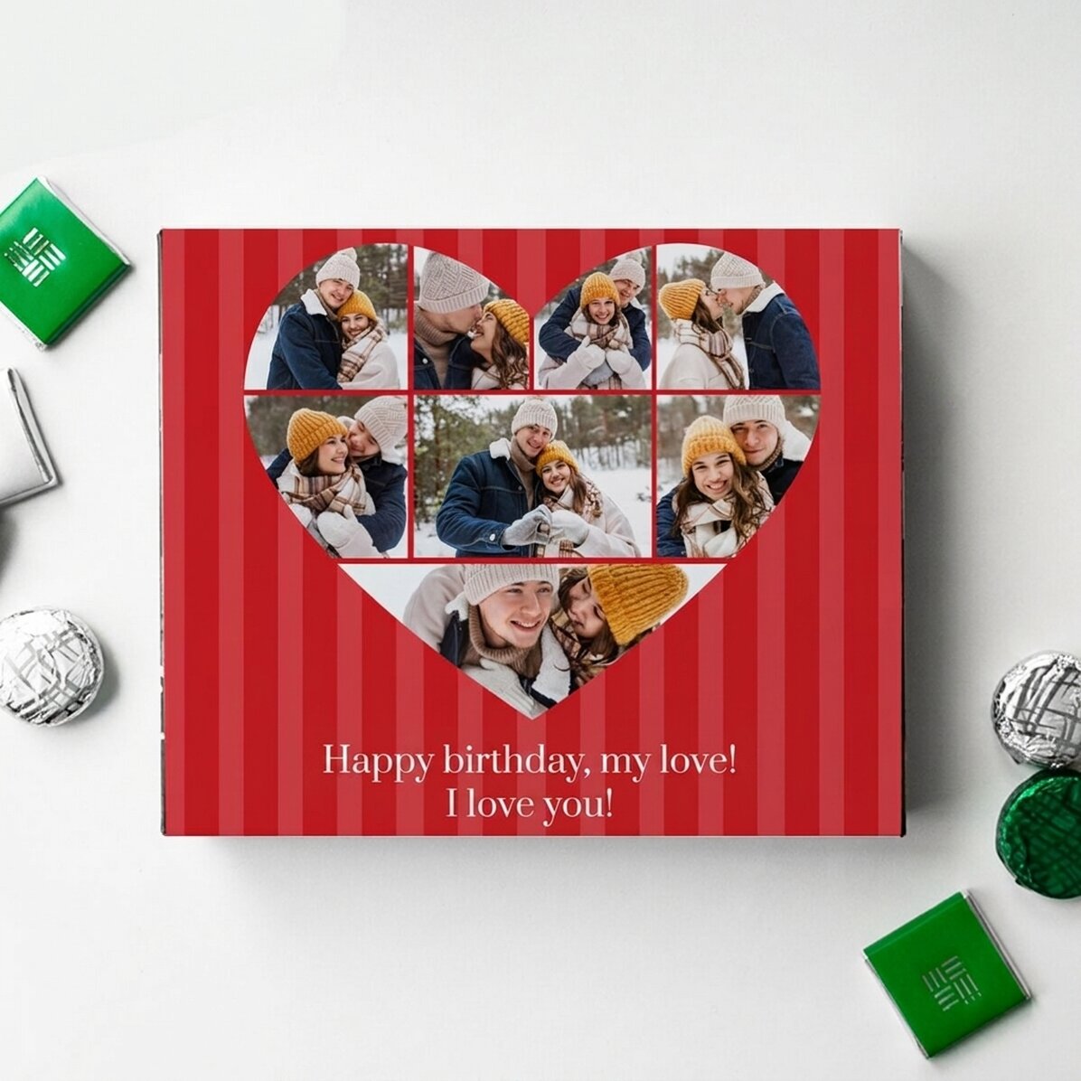 Personalisierte Pralinenschachtel mit 8 Fotos und einer Botschaft – Liebe