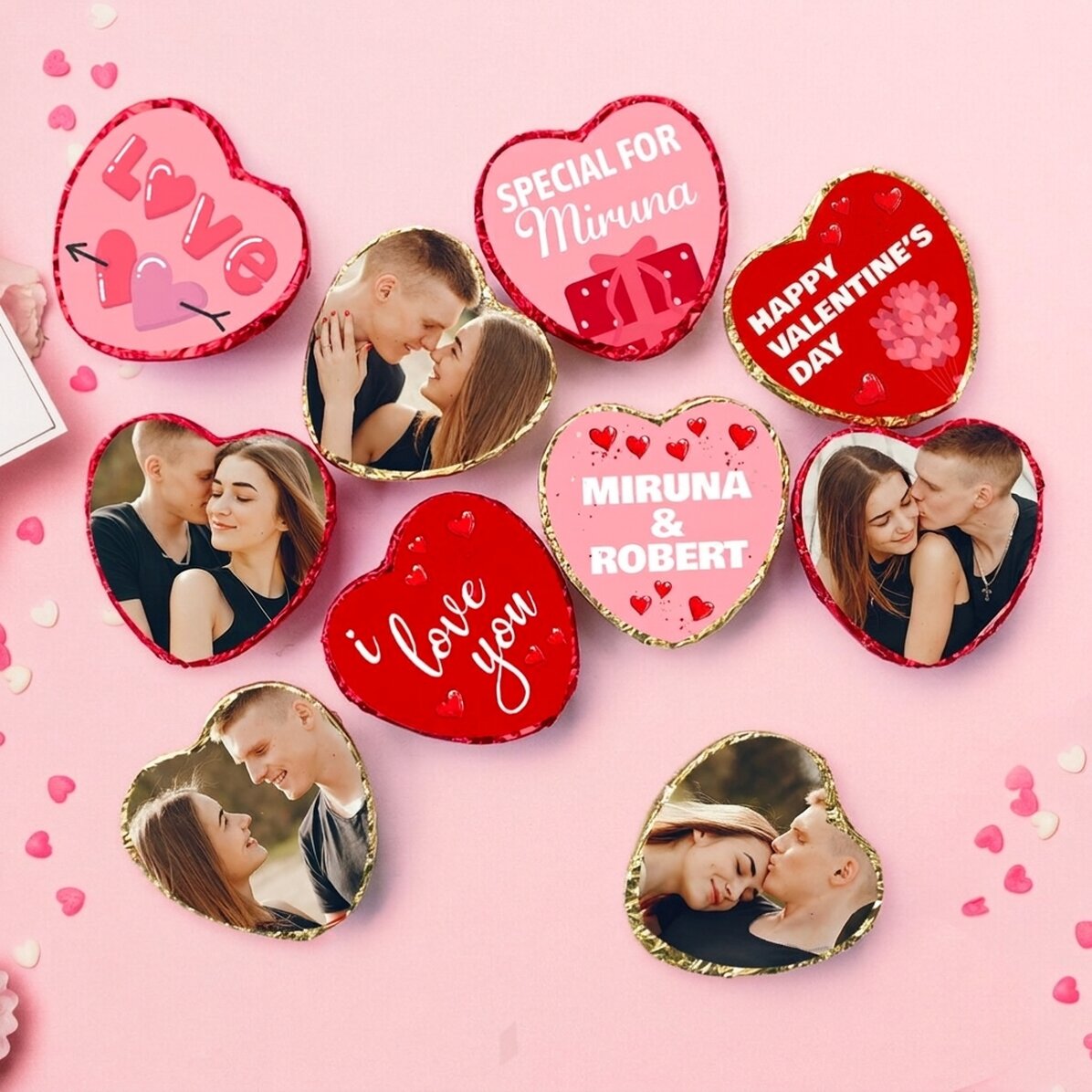 10er-Set personalisierte Mini-Schokoladenherzen mit Fotos und Text – Love
