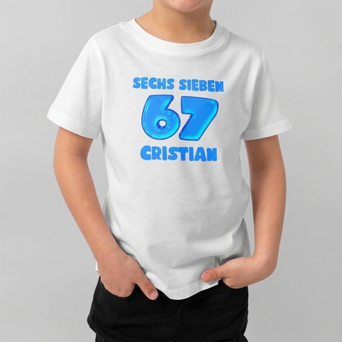 Personalisiertes Baumwoll-T-Shirt für Kinder mit Aufdruck – 67 Six Seven