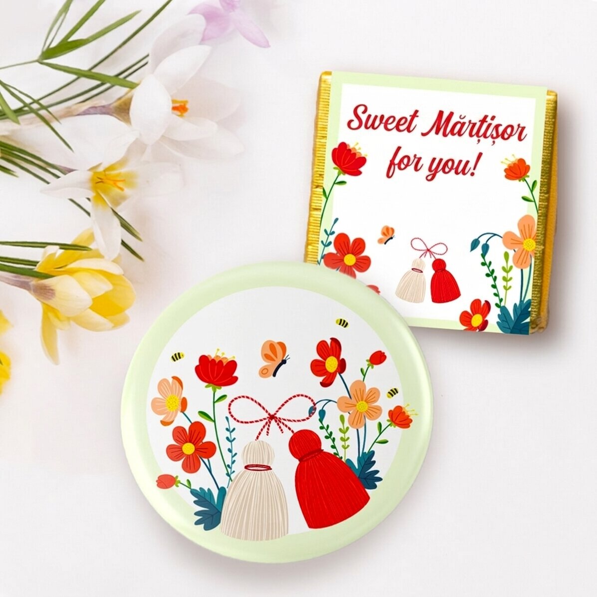 Martisor-Geschenkset mit Mini-Praline und Anstecknadel