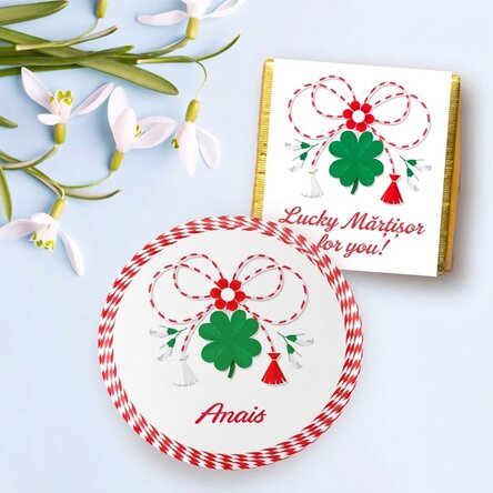 Gift set with mini chocolate and personalised badge with name - Good luck