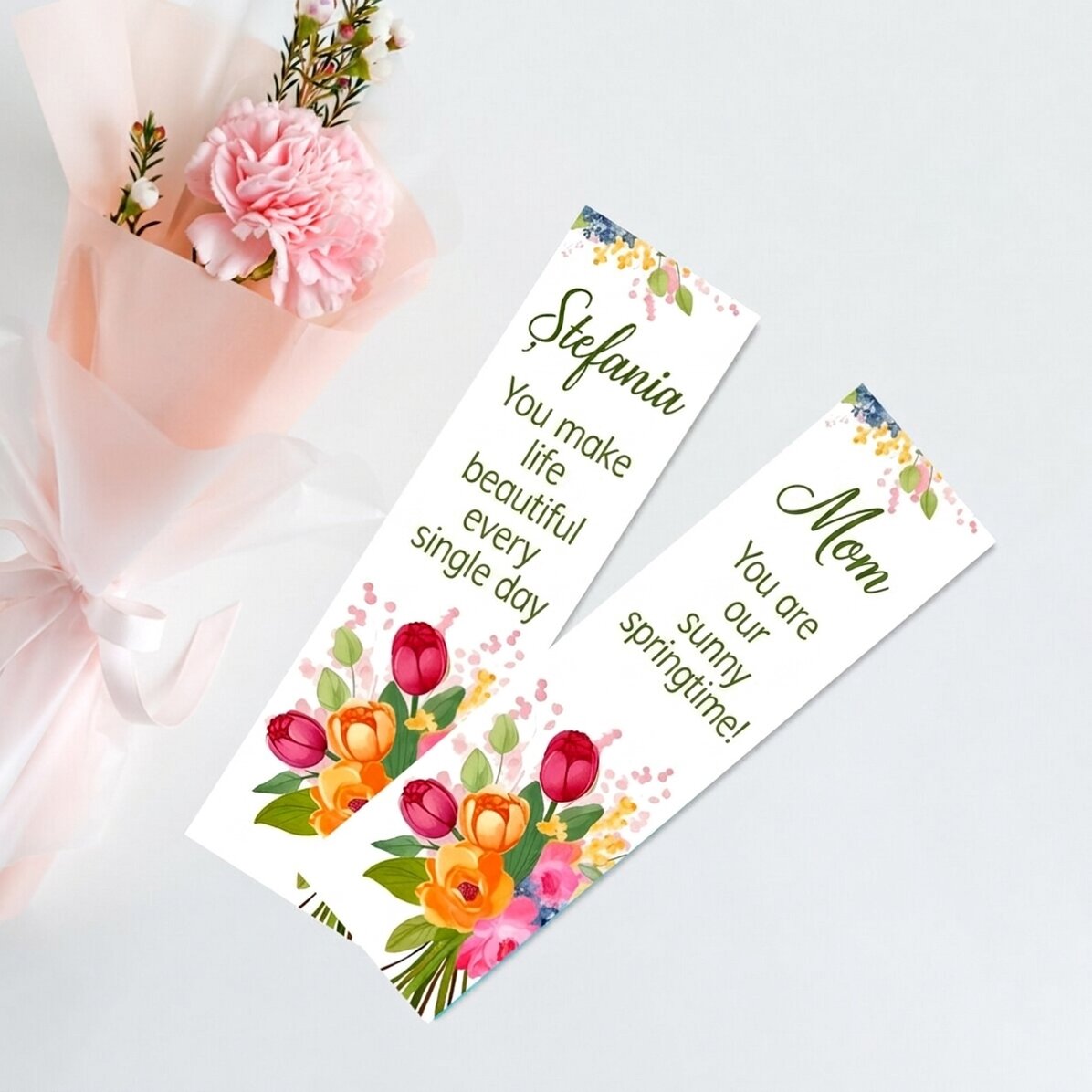 Personalisiertes Lesezeichen mit Botschaft – Blumen