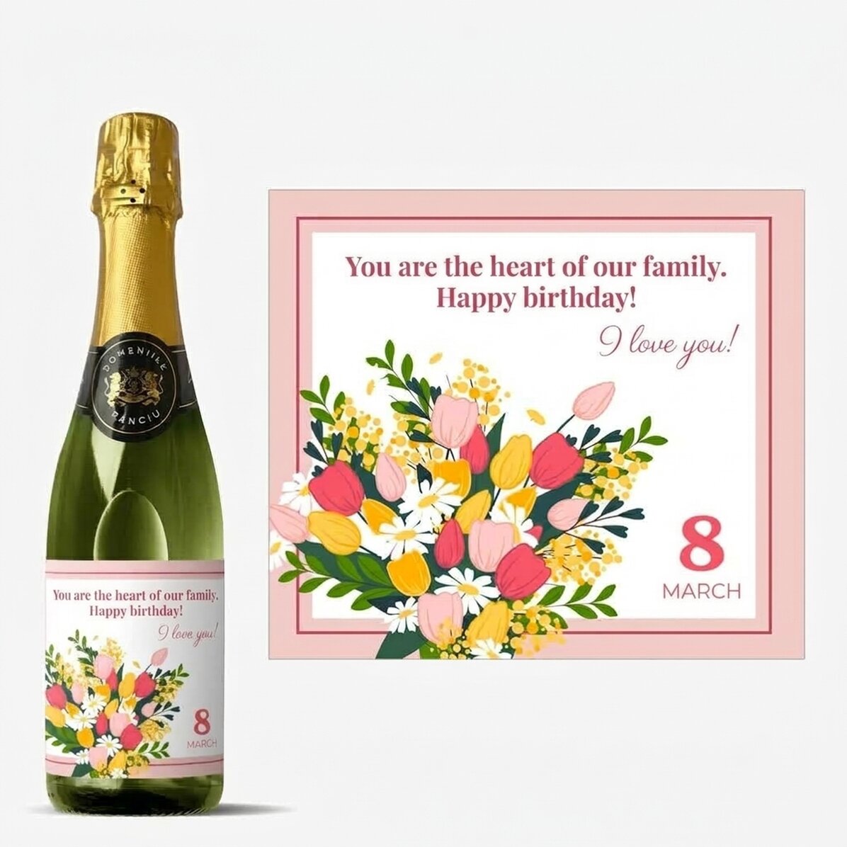 Mittlere Sektflasche mit individueller Beschriftung – Blumen